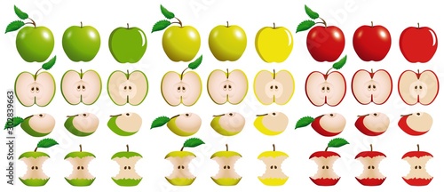 Set of juicy red, yellow and green apples with slices and bitten apples isolated on white background.