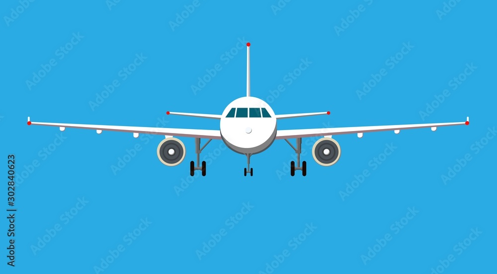 Airplane on blue background. Plane flying in the sky. Front view. Aircraft flat style vector illustration. Airplane on blue background. Plane flying in the sky. Front view. Aircraft flat style vector illustration.