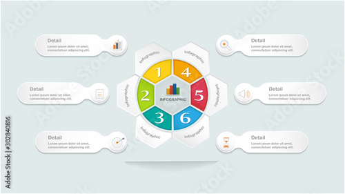 Modern infographic template with circle in the centre and 6 steps or option for workflow layout, diagram, number options, step up options, web design and presentations