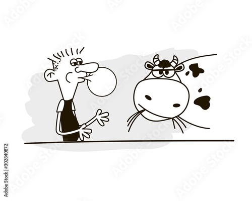 Man blowing a bubble with his chewing gum. Man and cow. Funny vector. Bad habits.