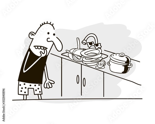 Man looks at dirty dishes. Funny vector.