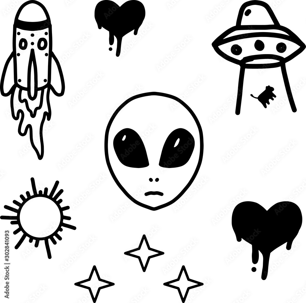 Vetor de alien pack clip art rocket heart alien face planet stars abduction  do Stock