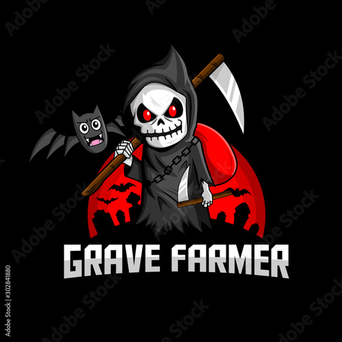 reaper Skull grave guardian and bat on the graveyard illustration