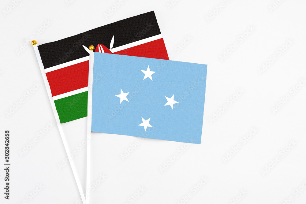 Micronesia and Kenya stick flags on white background. High quality fabric, miniature national flag. Peaceful global concept.White floor for copy space. Micronesia and Kenya stick flags on white background. High quality fabric, miniature national flag. Peaceful global concept.White floor for copy space.