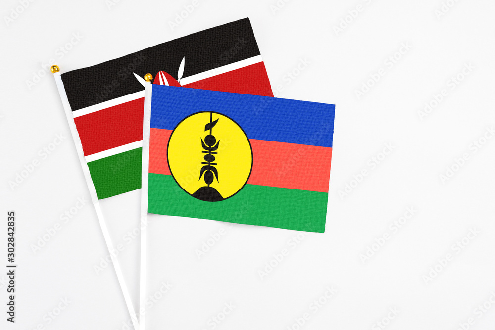 Fototapeta premium New Caledonia and Kenya stick flags on white background. High quality fabric, miniature national flag. Peaceful global concept.White floor for copy space.