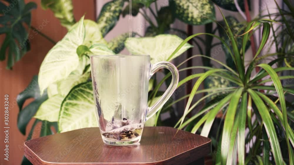 Pour fragrant hot tea into a transparent cup. Healthy and tasty breakfast. Pour fragrant hot tea into a transparent cup. Healthy and tasty breakfast.