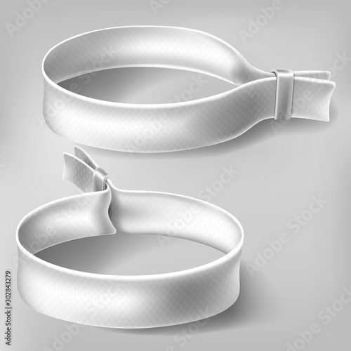 White festival party fabric wristbands with plastic lock. Identity cloth bracelets. Vector mockup with blank access control design for music concert, dance and events