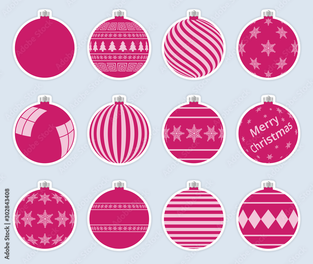 Magic, pink christmas balls stickers isolated on gray background. High quality vector set of christmas baubles. Magic, pink christmas balls stickers isolated on gray background. High quality vector set of christmas baubles.