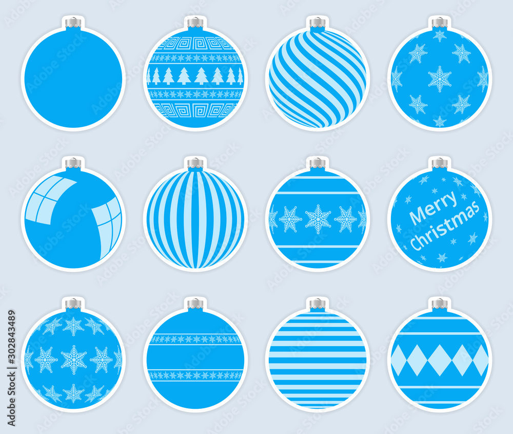 Magic, blue christmas balls stickers isolated on gray background. High quality vector set of christmas baubles. Magic, blue christmas balls stickers isolated on gray background. High quality vector set of christmas baubles.