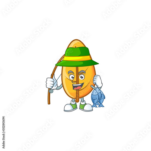 Fishing mascot on cartoon yellow autumn leaves