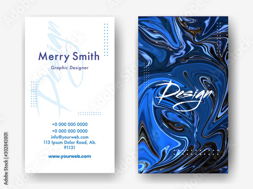 Front and back view of business card or template design with fluid art abstract background.