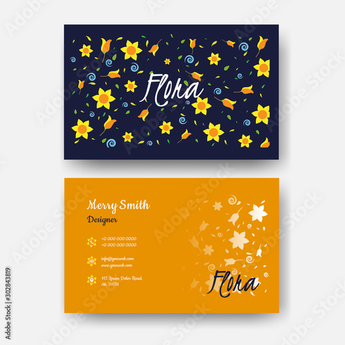 Business card or horizontal template design with floral pattern in front and back view.