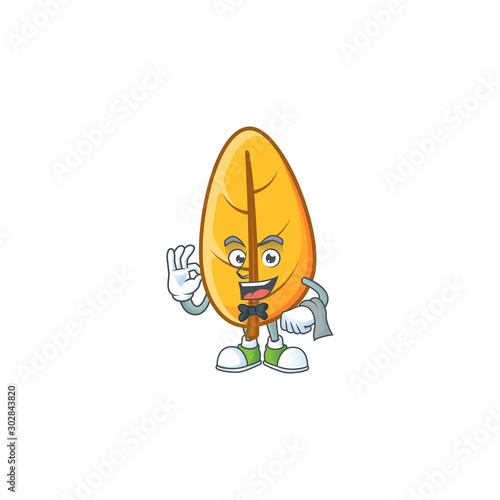 Waiter mascot on cartoon yellow autumn leaves