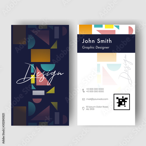 Front and back view of vertical business card design with geometric elements for Graphic Designer.