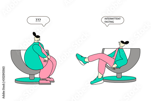 Intermittent fasting. A woman, practicing intermittent fasting, reduces weight, fights depression, increases overall tone. EPS 10 vector illustration