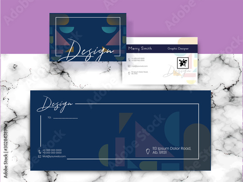 Front and back view of business card design with geometric elements on purple and marble background.