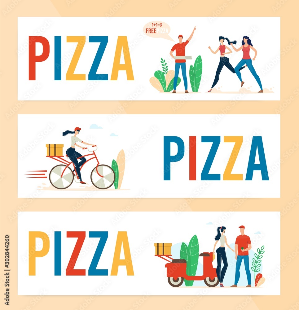 Pizzeria, Fast Food Cafe or Restaurant Trendy Flat Vector Horizontal Advertising Banners, Promotion Posters Templates Set with Deliveryman, Courier Girl Delivering Pizza Orders to Clients Illustration Pizzeria, Fast Food Cafe or Restaurant Trendy Flat Vector Horizontal Advertising Banners, Promotion Posters Templates Set with Deliveryman, Courier Girl Delivering Pizza Orders to Clients Illustration