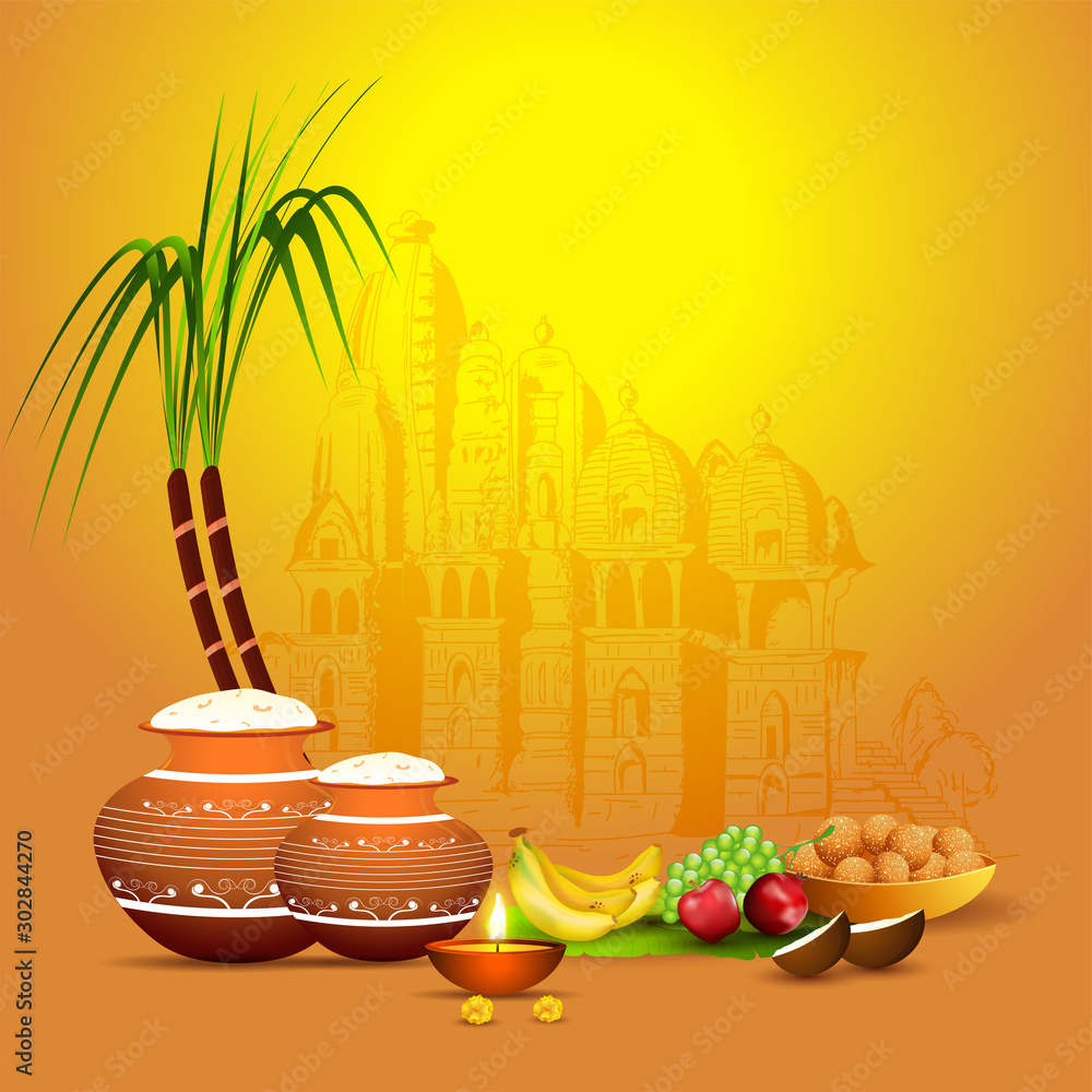 Illustration of rice mud pot with sugarcane, fruit, illuminated oil lamp  (Diya) and Indian sweet (Laddu) on yellow temple background for Happy  Pongal celebration. Stock Vector | Adobe Stock