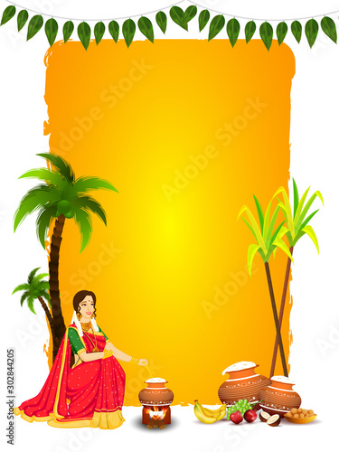 Beautiful woman stirring rice in mud pot with fruit, Indian sweet (Laddu), sugarcane and coconut tree on yellow and white background for Happy Pongal.