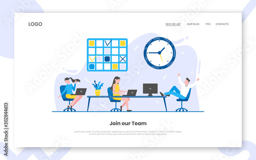 Business time management internet landing page concept template with people characters working together with calendar schedule, table and big clock. Teamwork concept flat style vector illustration.