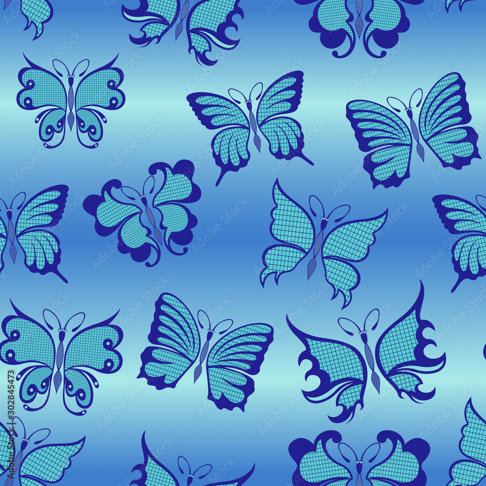 Fototapeta premium Seamless pattern with butterflies in blue hues