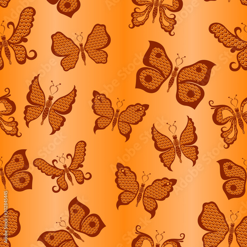 Seamless pattern with butterflies in orange hues