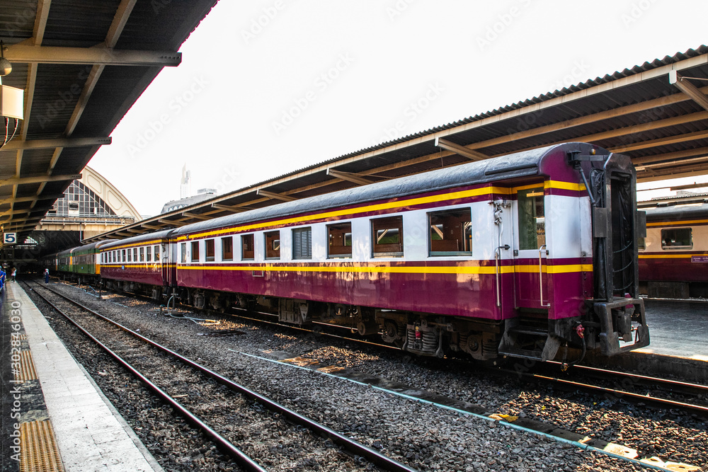 Trains waits at a platform of railway station Hua Lamphong in Bangkok, Thailand