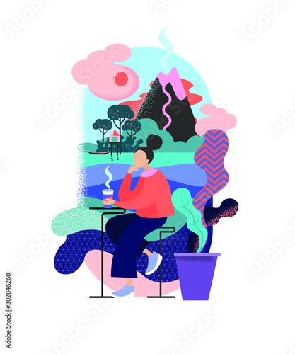 Colorful vector girl character drinking coffe and dreaming about vacations. 