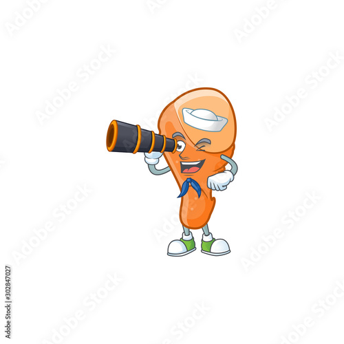 Yummy chicken thigh with sailor holding binocular character shape