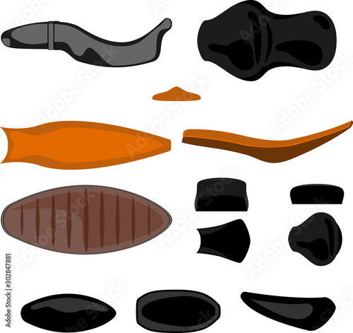 Motorcycle passenger and rider seats front, rear, side and top view isolated vector illustration
