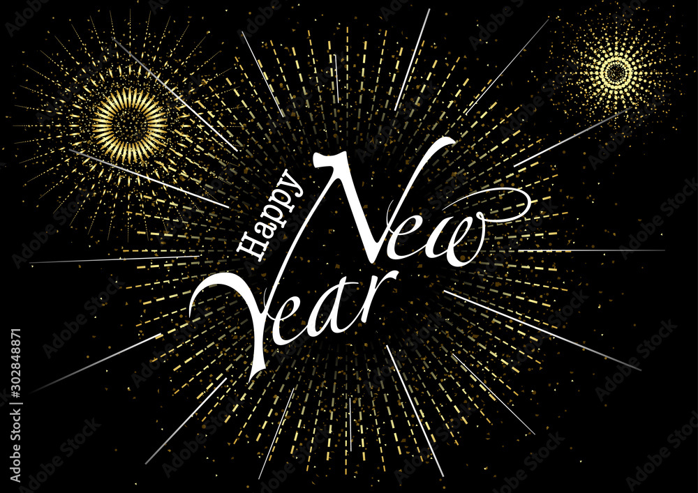Happy New Year Greeting with Inscription and Fireworks Burst in Gold - Abstract Background Illustration or Invitation Card etc., Vector Graphic - obrazy, fototapety, plakaty 