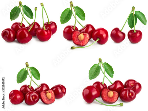 Set of cherries with leaf and cut closeup isolated on white background