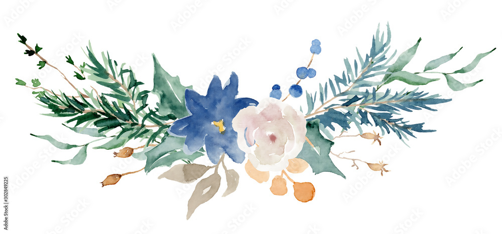 Floral winter bouquet illustration. Christmas Decoration Print Design Template