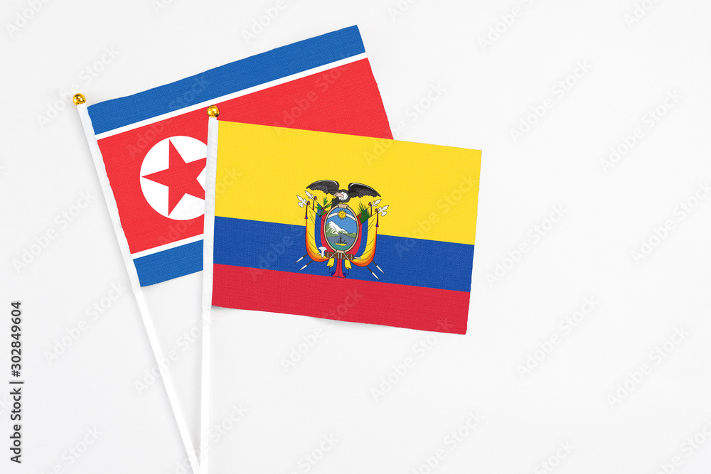 Ecuador and North Korea stick flags on white background. High quality fabric, miniature national flag. Peaceful global concept.White floor for copy space. Ecuador and North Korea stick flags on white background. High quality fabric, miniature national flag. Peaceful global concept.White floor for copy space.