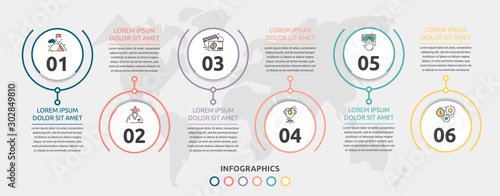 Vector flat infographic template. Line circles with text and icons for six diagrams, graph, flowchart, timeline, marketing, presentation. Business concept with 6 options