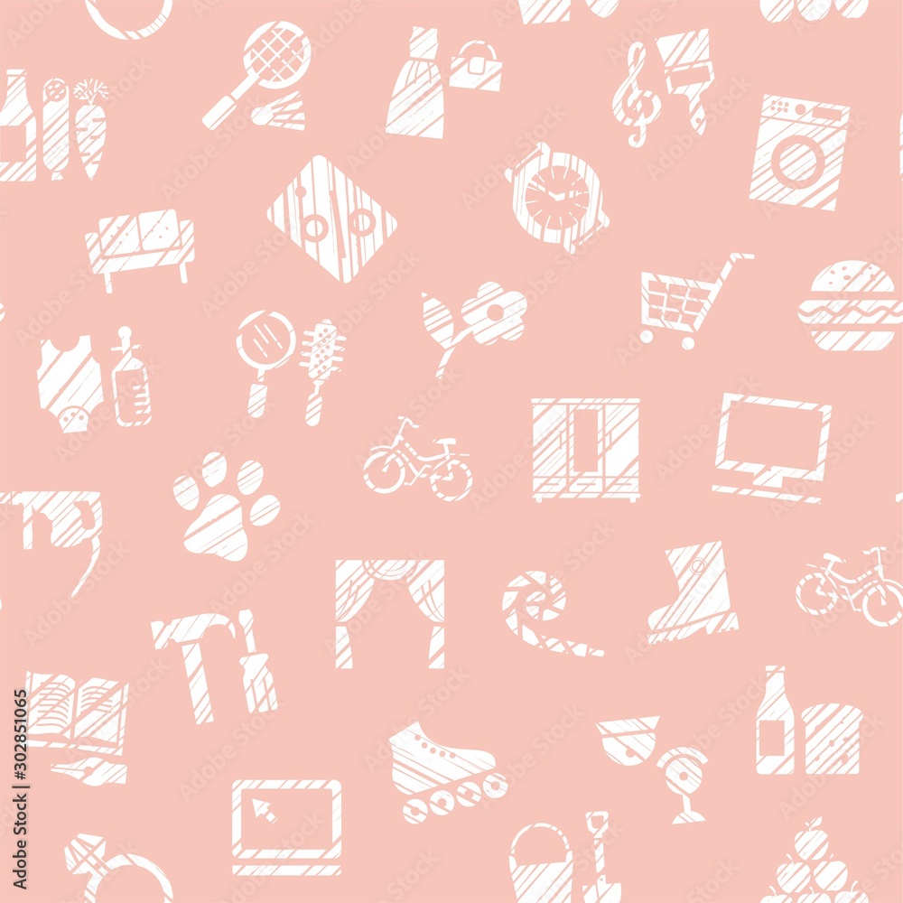 Shops, seamless pattern, monochrome, hatching, pink, vector. Different product categories. Imitation of pencil hatching. Shops, seamless pattern, monochrome, hatching, pink, vector. Different product categories. Imitation of pencil hatching.