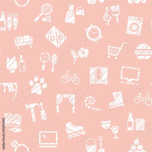Shops, seamless pattern, monochrome, hatching, pink, vector. Different product categories. Imitation of pencil hatching.  