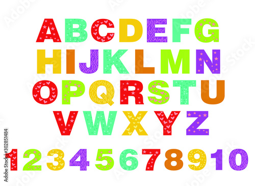 alphabet for children. Kids learning material. Card for learning alphabet. colored alphabet and numbers