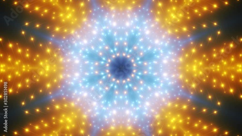 Beautiful Abstract Kaleidoscope Shape with Light Lines Moving Fast. Colors Blue Gold. Background Futuristic Tunnel with Led Screen Lights. Animation Disco Lights. Light Tunnel. Seamless loop. 4K