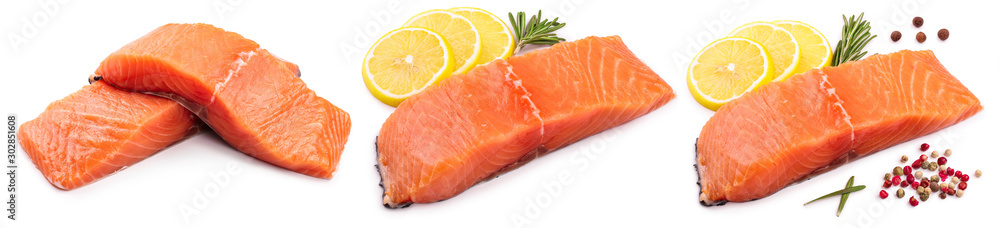 fillet of red fish salmon with lemon and rosemary isolated on white background. Set or collection