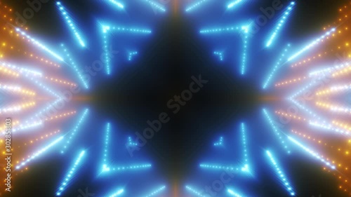 Beautiful Abstract Kaleidoscope Shape with Light Lines Moving Fast. Colors Blue Gold. Background Futuristic Tunnel with Led Screen Lights. Animation Disco Lights. Light Tunnel. Seamless loop. 4K