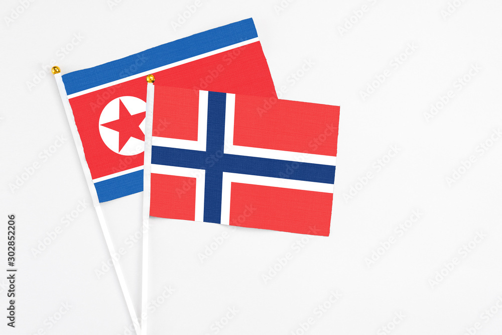 Norway and North Korea stick flags on white background. High quality fabric, miniature national flag. Peaceful global concept.White floor for copy space.