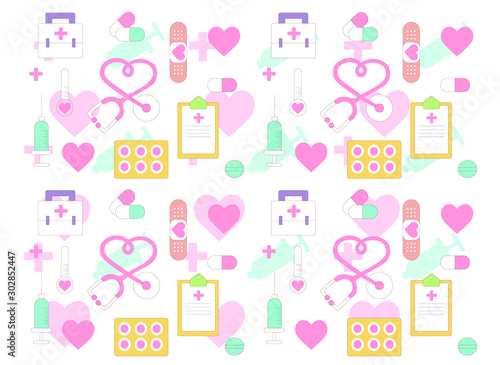Health care and medicine elements set in cartoon style on a white background. Vector pattern.