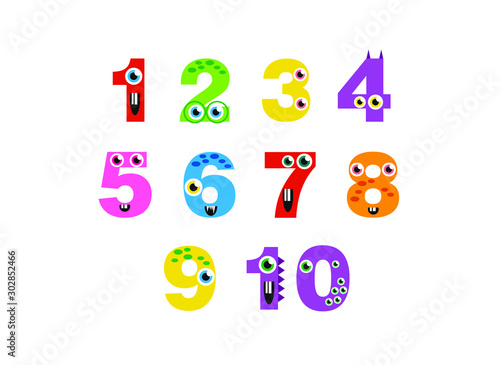 cute monsters numbers for children, from 1 to 10. Kids learning material. Card for learning numbers. Number 1-10.