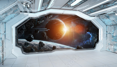Fototapeta Naklejka Na Ścianę i Meble -  White blue spaceship futuristic interior with window view on space and planets 3d rendering