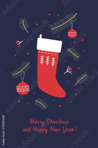 Christmas holiday card. Fir branches, Christmas balls and red sock for gifts. New Year poster design. Happy winter holidays. Xmas layout creative banner. Vector seasonal illustration.