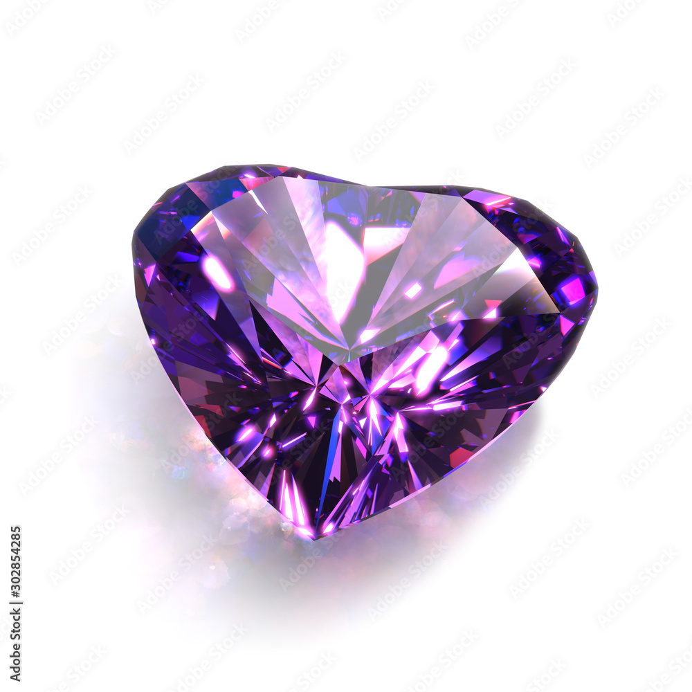 Large Sparkling Heart Shape Cut Crystal of Purple Amethyst Close-Up. 3D Illustration Isolated on White Background. Large Sparkling Heart Shape Cut Crystal of Purple Amethyst Close-Up. 3D Illustration Isolated on White Background.