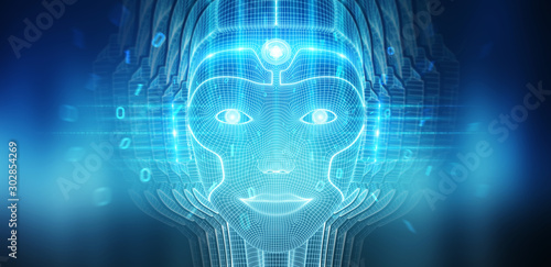 Robotic woman cyborg face representing artificial intelligence 3D rendering