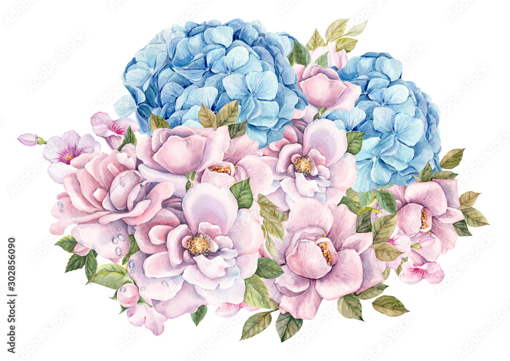Ilustração do Stock: watercolor flowers, botanical painting, roses and  hydrangeas on a white background, greeting card | Adobe Stock