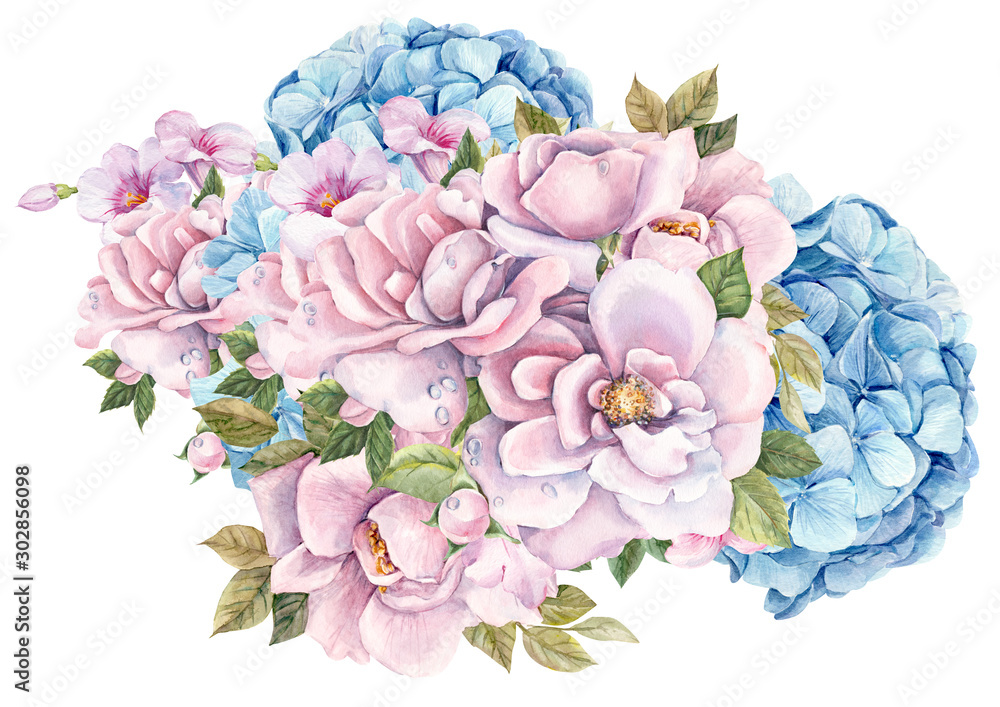 watercolor flowers, botanical painting, roses and hydrangeas on a white background, greeting card